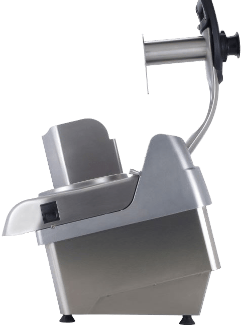 Coupe-légumes PC-450 vu de profil, levier du poussoir relevé pour charger la goulotte.